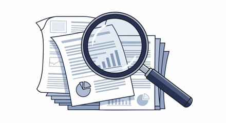 Paper documents and magnifying glass for data analysis and verification. Paper documents show charts, graphs, and diagrams for detailed insights.
