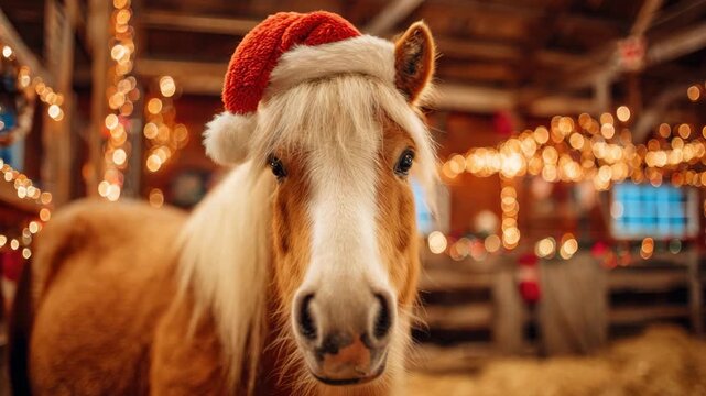 festive horse in the stable wearing a santa hat animation