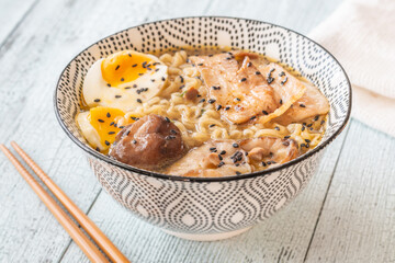 Bowl of ramen with pork belly, soft egg, and shiitake mushrooms