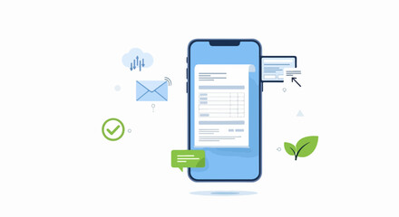 Electronic invoice presented on blue smartphone screen with cloud and email icons. Concept of using electronic invoice to send receipts in digital form, for eco friendly billing solutions.