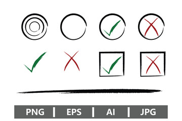 Illustration of check marks, crosses, circles, and squares in a grunge style design