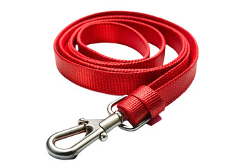 Red nylon dog leash laying on clear surface, highlighting quality pet equipment with minimalist design aesthetic isolated on white background
