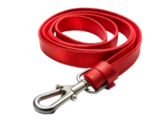 Red nylon dog leash laying on clear surface, highlighting quality pet equipment with minimalist design aesthetic isolated on white background
