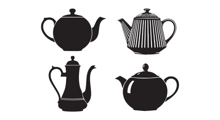 Set of four black silhouette teapots isolated on transparent background