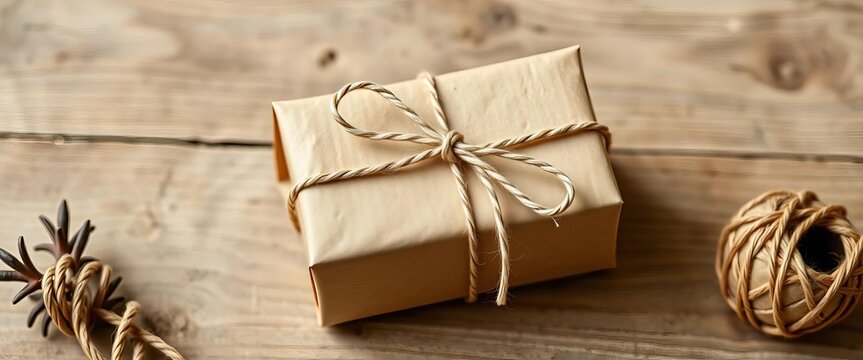 Rustic kraft paper package tied with twine, simple gift, sustainable, aesthetic