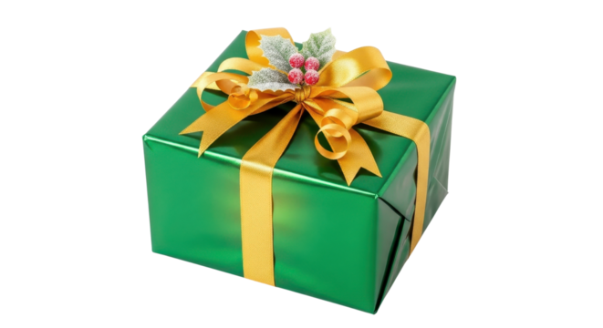 Green gift box with golden ribbon and Christmas ornament isolated PNG with Transparent Background