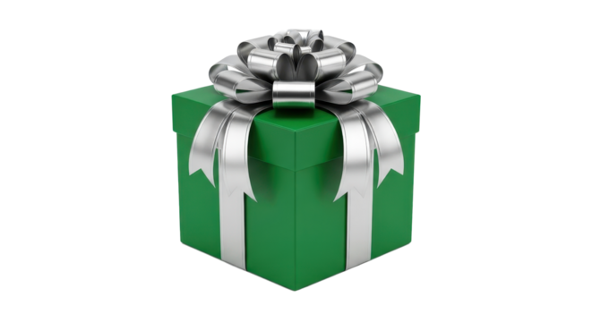 Green gift box with silver ribbon isolated PNG with Transparent Background
