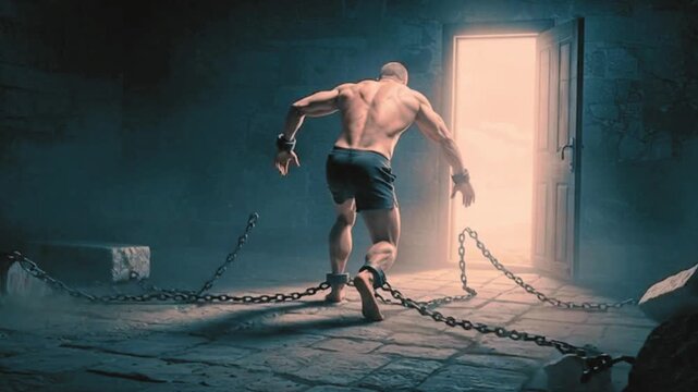 A powerful conceptual depiction of a man breaking free from heavy chains by his own strength, symbolizing change of mind and self-liberation Generative AI.