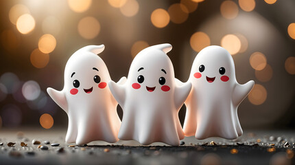 Three cheerful cartoon ghosts stand together, smiling brightly against a bokeh background with warm lights