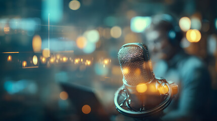Microphone podcast studio host headphones recording broadcast audio technology laptop glow in cinematic studio bokeh ambiance