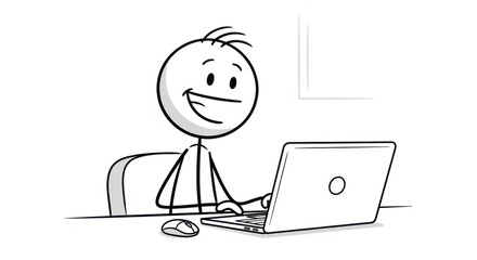 Smiling stick figure happily works on a laptop with a computer mouse on a clean white surface.