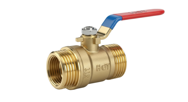 Brass ball valve with red and blue handle isolated PNG with Transparent Background