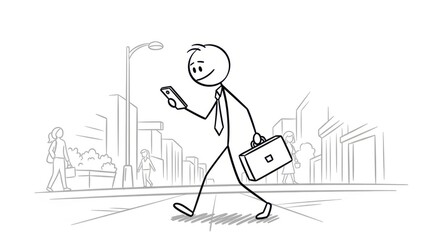 Stick figure businessman walks while looking at his phone in the city; hand drawn style.
