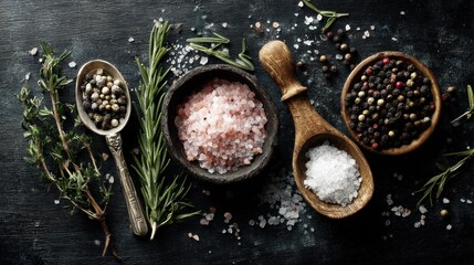 Overhead shot of various salts, peppercorns, and herbs on a dark surface; pink Himalayan salt, sea salt, pepper blend, thyme, and rosemary sprigs arranged artfully