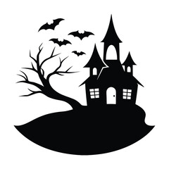 Haunted House Hill Silhouette with Bats and Moon Halloween Vector