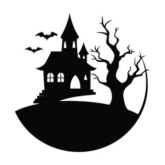 Haunted House Hill Silhouette with Bats and Moon Halloween Vector