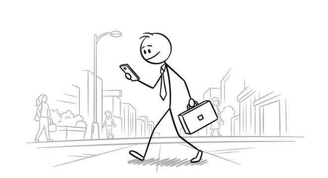 Stick figure businessman walks while looking at his phone in the city; hand drawn style.