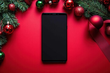 Black smartphone blank screen lying red background phone Christmas app