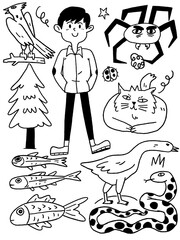 Hand-drawn doodle set of boy, animals, and nature elements