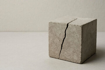 A cracked concrete cube on a gray background. Space for text.