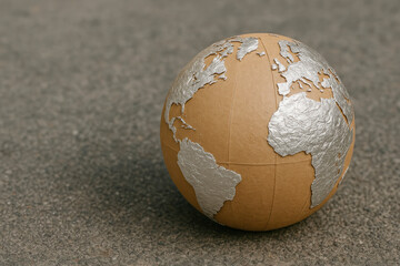A cardboard globe with silver continents on the asphalt. Space for text.