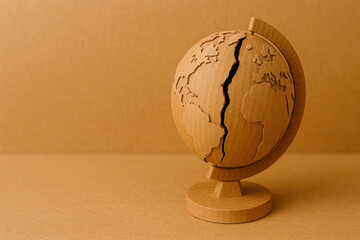 Cardboard globe with crack on the stand, clean background. Space for text.