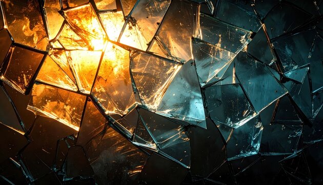Abstract close up of fragmented glass shards with light