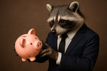 A raccoon in a business suit holds a pink piggy bank.