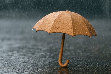 A cardboard umbrella in the rain with water droplets.
