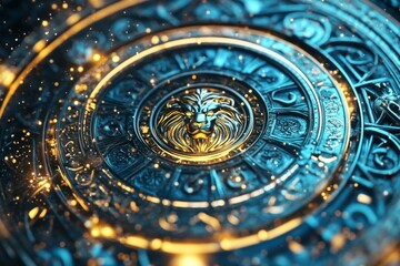 Close-up circular clock face intricate designs patterns made Horoscope circle with zodiac