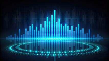 Abstract blue sound equalizer waveform visualization with glowing futuristic circular hud elements dark
