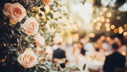 Close-up floral arrangement pink roses greenery are full Wedding guests celebrating