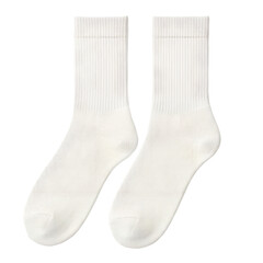 Pair of White Ribbed Crew Socks Isolated on Gray Background