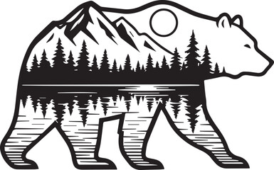 Bear Mountain Nature Line Art Icon Vector Landscape Wilderness Wildlife Adventure Forest Outdoor Travel Tourism Camping Outline Design Graphic