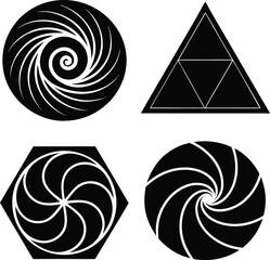 Set of 4 designs solid black silhouette abstract, swirl, triangle, hexagon, polygon, spiral, full black fill, realistic proportions, isolated on white background, vector-friendly, no text