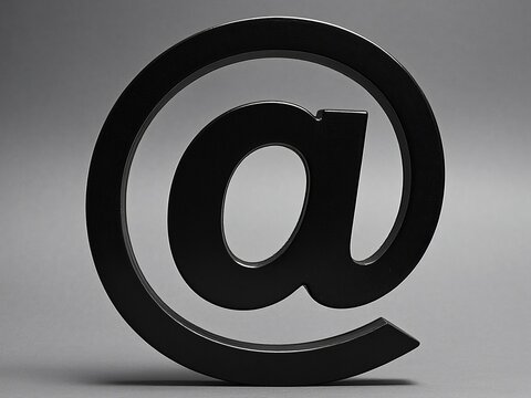 Black 3d at symbol on gray background, minimal concept of email internet communication network. Generative AI.