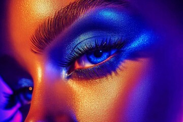 Close-up portrait woman face focus her blue eyes Fashion female model