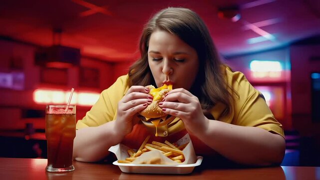Plump young woman devouring a delicious cheeseburger with melting cheese, sitting at a table in a neon-lit diner with fries and a soda, representing overeating and unhealthy lifestyle