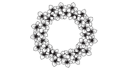 A delicate black and white sketch of a circular floral wreath isolated on transparent background