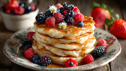 Fluffy pancake stack gluten free berries maple syrup breakfast rustic summer sweet golden homemade delight with juicy fruit and cozy mood