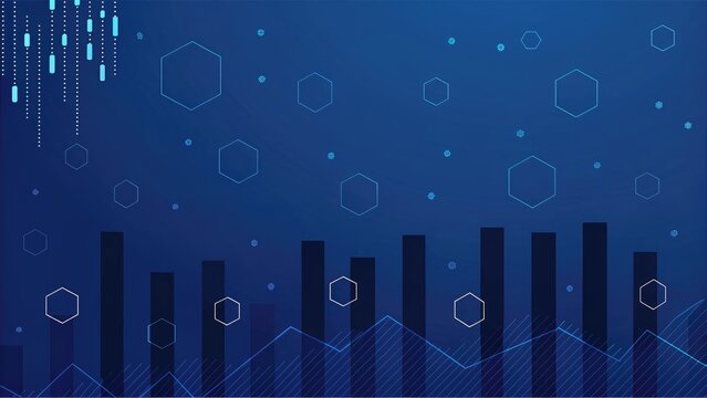 Abstract blue with digital data, charts, and geometric shapes, representing technology and finance
