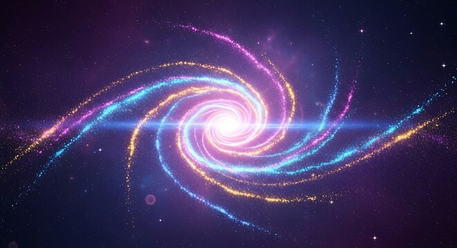 Stunning cosmic swirl with vibrant pink, blue, and yellow light trails against a dark starry background for futuristic designs and space concepts - Powered by Adobe