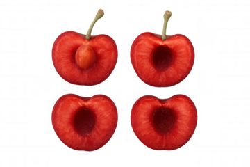Fresh cherries cut in half presenting red juicy flesh, with and without pits, on a transparent background
