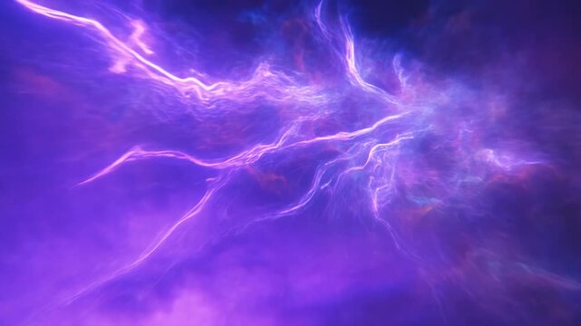 the camera flies through an invisible electromagnetic storm made visible as streaks of violet plasma. Energy fields twist and pulse with intensity as the camera weaves through them.