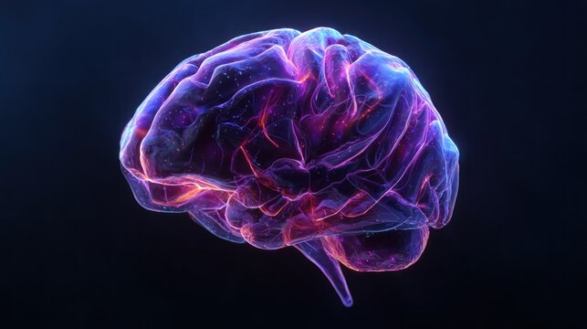 A luminous, translucent brain model glows with vibrant purple and orange hues against a dark backdrop, hinting at neural pathways