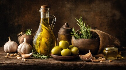 Still life Glass bottle of golden oil, garlic bulbs & cloves, green olives, rosemary sprigs in a rustic setting