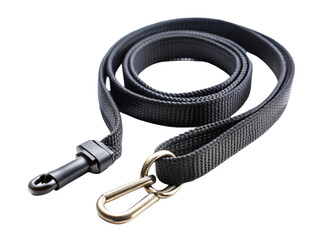 Black nylon dog leash laying on clear surface, highlighting quality pet equipment with minimalist design aesthetic isolated on white background