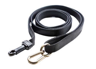 Black nylon dog leash laying on clear surface, highlighting quality pet equipment with minimalist design aesthetic isolated on white background