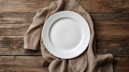 A pristine white plate sits centered atop a crumpled linen cloth, resting on a rustic wooden surface. The natural textures create a warm, inviting scene