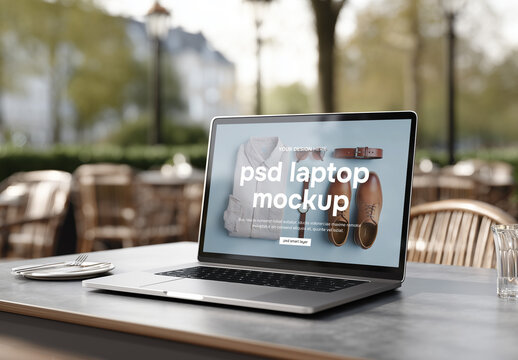 A laptop on a table at outdoor restaurant